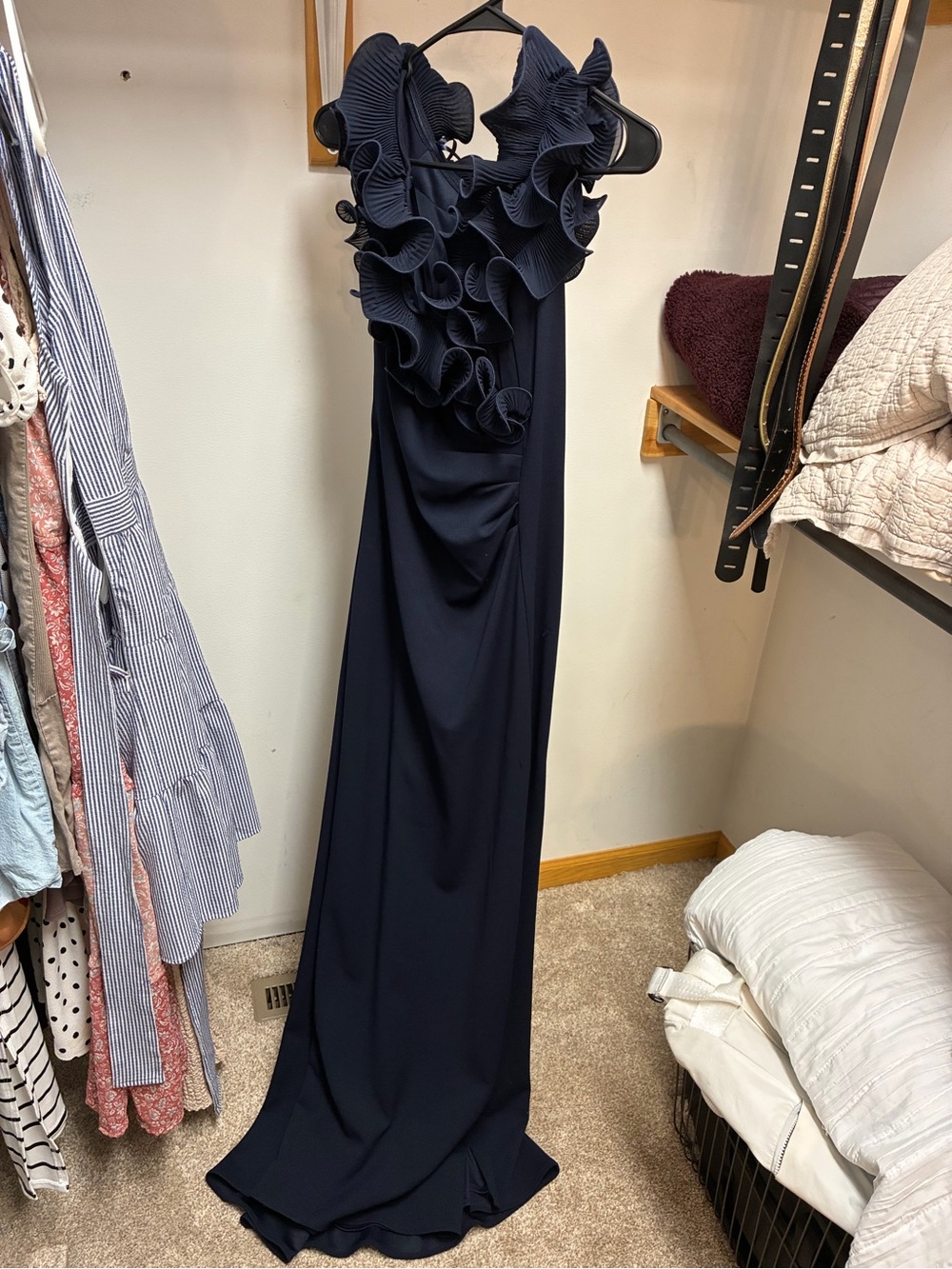 Xscape Navy Ruffled Maxi Gown